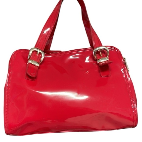 TED BAKER Purse Red Patent Bag Pockets Zip Gold Tone Hardware Satchel - Picture 2 of 14